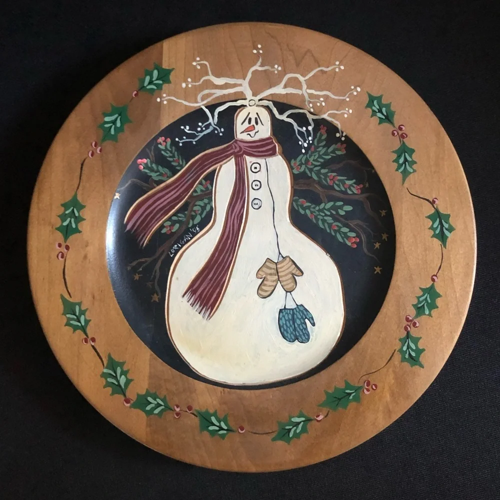 Hand-Painted Primitive Artist Signed Wood Plate Wall Plaque - Snowman Christmas
